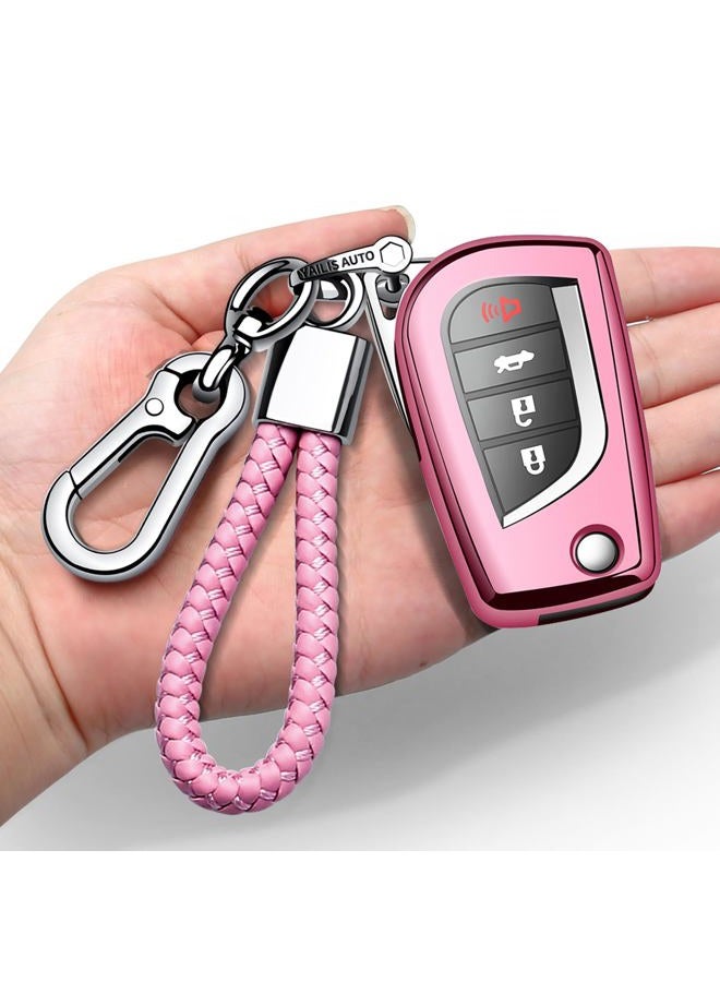 Autophone Compatible with Toyota Key Fob Cover with Keychain Soft TPU 360 Degree Protection Key Case for Fortuner Tundra Camry RAV4 Highlander Corolla Smart Key(Pink) - Image 1