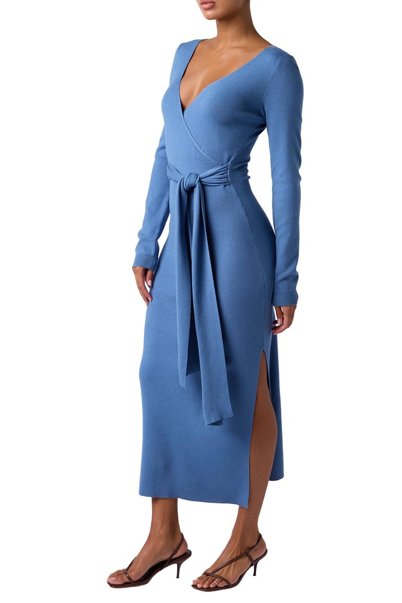 Lulus Harlan Midi Sweater Dress Womenâ€™s Bodycon Long Sleeve Cocktail Dress with Surplice Neckline and Waist Tie Chambray Blue - Image 1