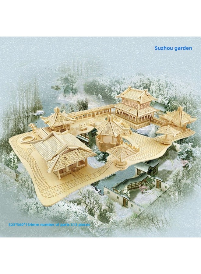 Building Villa Three-dimensional Model Primary School Students 3D Wooden Puzzle Wooden Diy Simulation Adult Puzzle Toy-Color:Suzhou Garden - Image 1