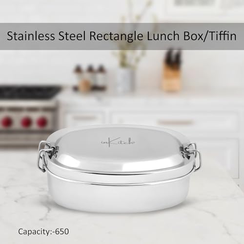 inKitch Leak Proof Stainless Steel Lunch Box 650ML with Inner Container, Round Steel Tiffin Box for School Kids & Office, Food Grade Lunch Container with Locking Clip, Durable & Reusable - Image 2