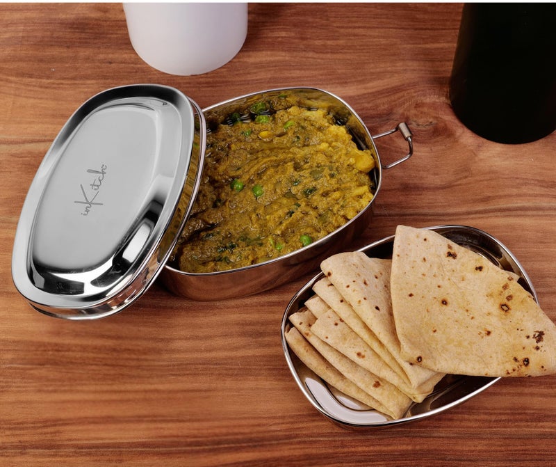 inKitch Leak Proof Stainless Steel Lunch Box 650ML with Inner Container, Round Steel Tiffin Box for School Kids & Office, Food Grade Lunch Container with Locking Clip, Durable & Reusable - Image 1