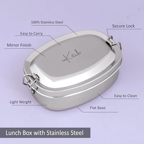 inKitch Leak Proof Stainless Steel Lunch Box 650ML with Inner Container, Round Steel Tiffin Box for School Kids & Office, Food Grade Lunch Container with Locking Clip, Durable & Reusable - Image 5