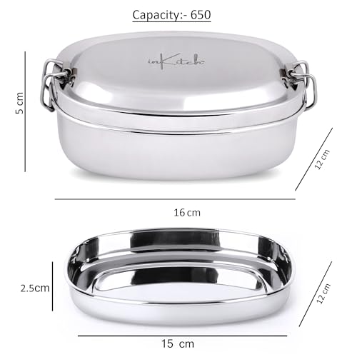 inKitch Leak Proof Stainless Steel Lunch Box 650ML with Inner Container, Round Steel Tiffin Box for School Kids & Office, Food Grade Lunch Container with Locking Clip, Durable & Reusable - Image 3