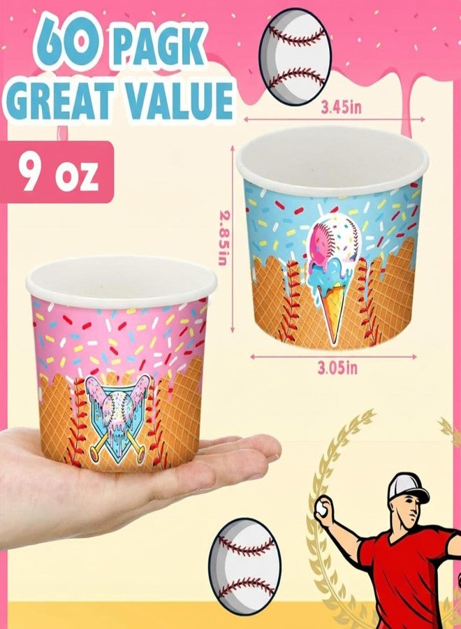 Ferrochef 60 Pcs Ice Cream Drip Bowls 9 oz Ice Cream Theme Containers Disposable Paper Bowls Sundae Cups Dessert Soup Containers for Birthday Party Supplies Party Decorations (Baseball) - Image 3