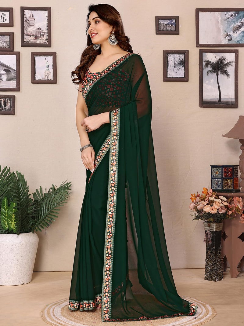 Satrani Women's Georgette Lace Work Saree with Unstitched Blouse Piece (4254S651N_Dark Green) - Image 2