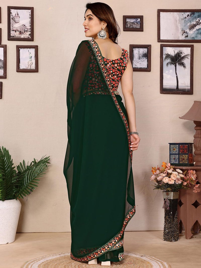 Satrani Women's Georgette Lace Work Saree with Unstitched Blouse Piece (4254S651N_Dark Green) - Image 3