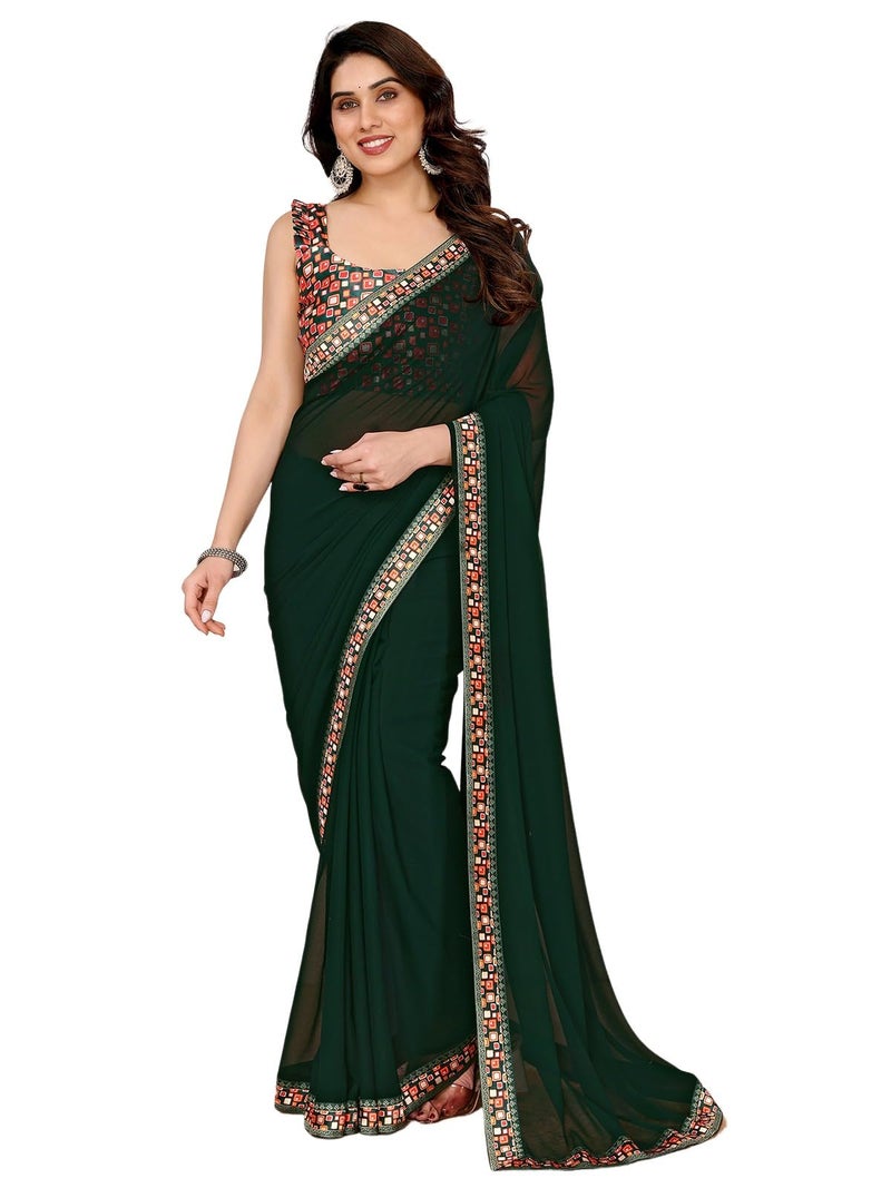 Satrani Women's Georgette Lace Work Saree with Unstitched Blouse Piece (4254S651N_Dark Green) - Image 1