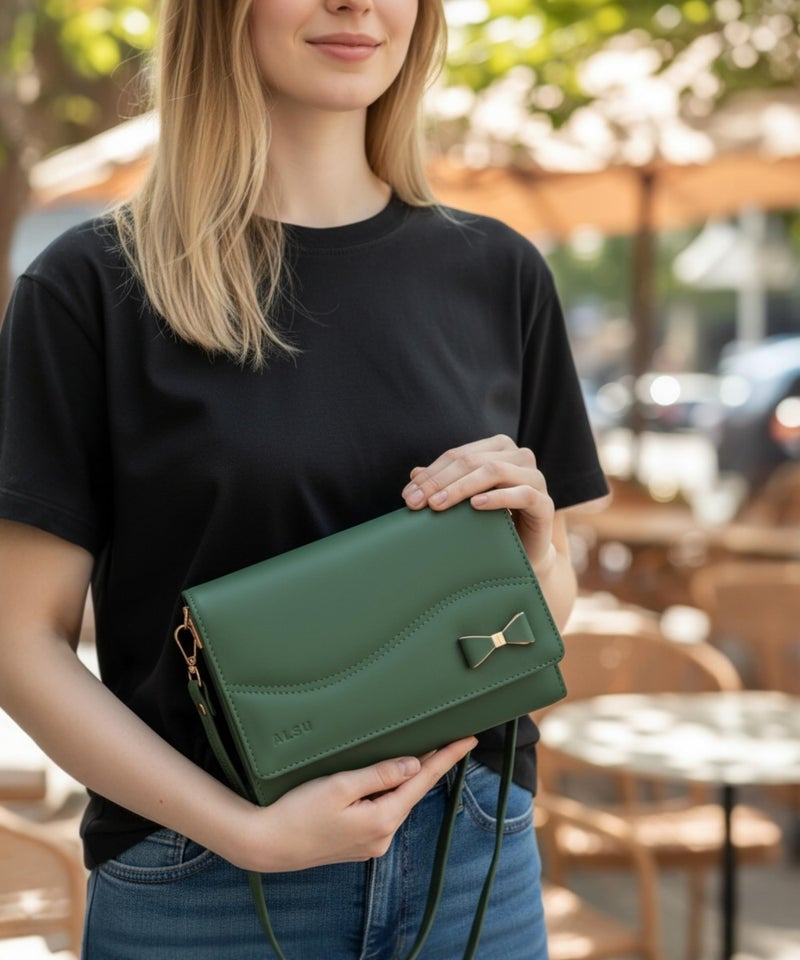 ALSU Women's Sling Bag | Cross body bag| Side bag| Credit car slots| zipper pockets| detachable straps| adjustable straps| daily use| phone pockets (Green) - Image 2