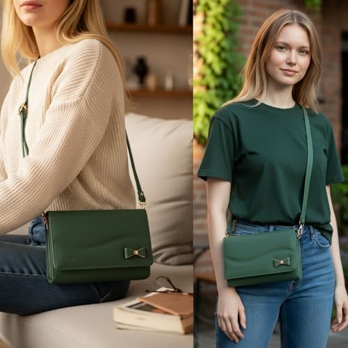 ALSU Women's Sling Bag | Cross body bag| Side bag| Credit car slots| zipper pockets| detachable straps| adjustable straps| daily use| phone pockets (Green) - Image 4