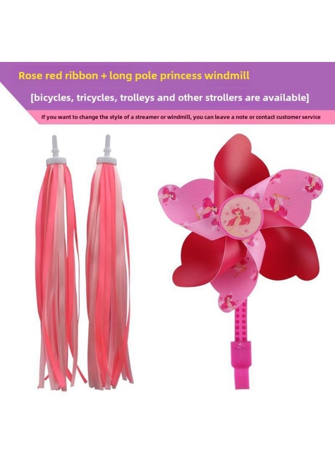 Small Windmill Children's Car Windmill Bicycle Cartoon Rotating Baby Stroller Scooter Front Decoration Accessories-Color:Rose Red Ribbon + Long Pole Princess Windmill  - Image 1