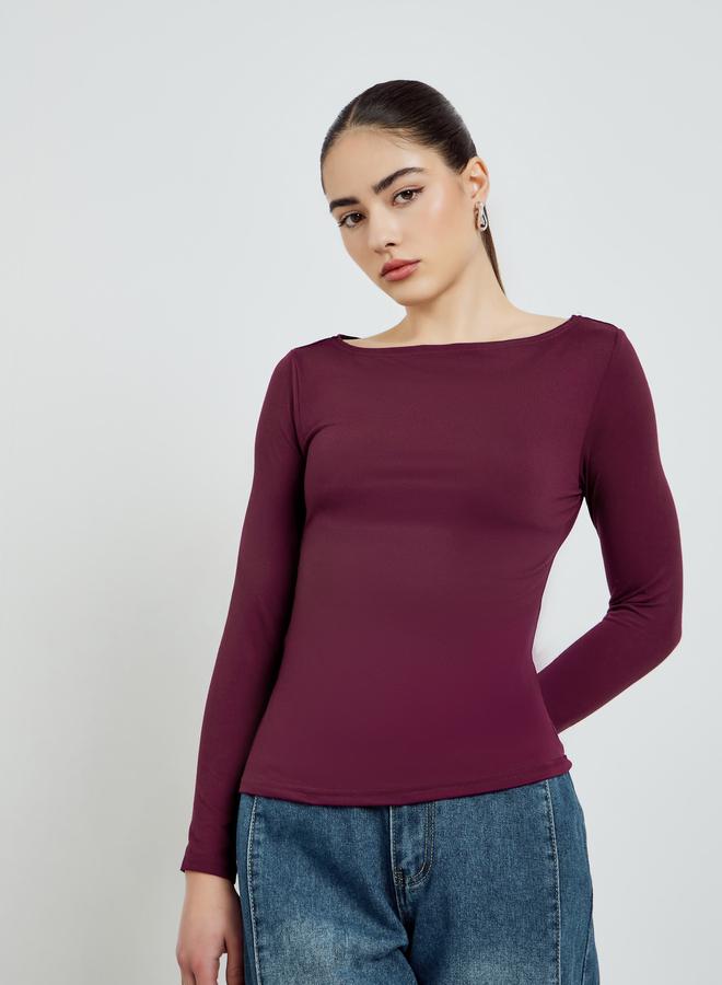 Styli Burgundy Boat Neck Long Sleeve T-Shirt - Image 1