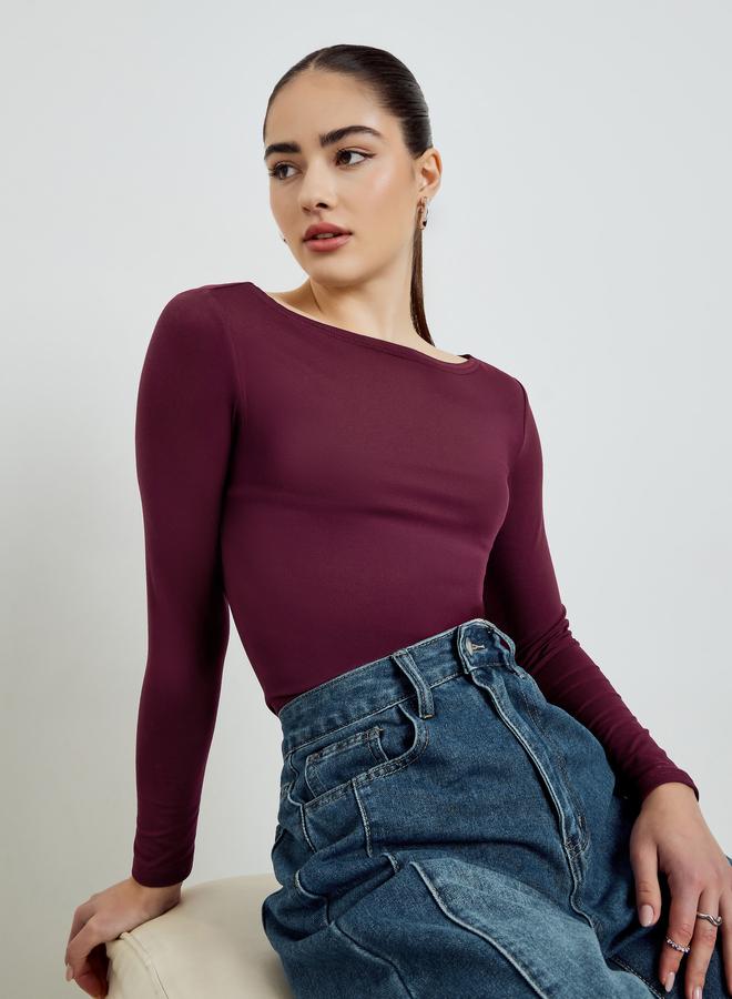 Styli Burgundy Boat Neck Long Sleeve T-Shirt - Image 3
