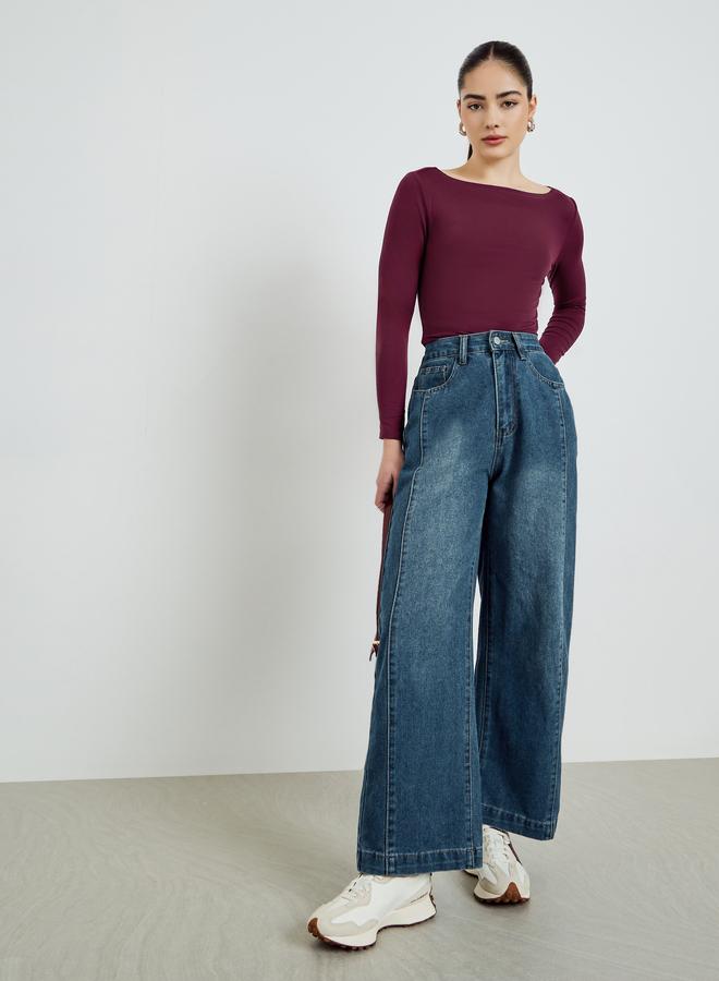 Styli Burgundy Boat Neck Long Sleeve T-Shirt - Image 2