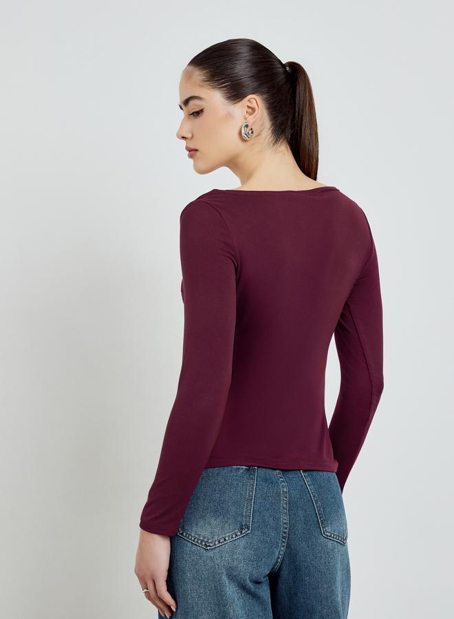 Styli Burgundy Boat Neck Long Sleeve T-Shirt - Image 5