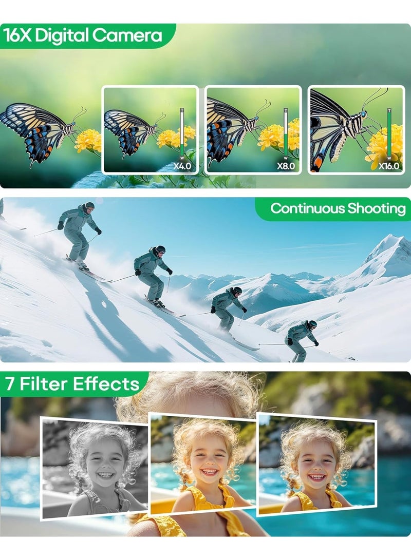 كاميرا رقمية 4K بدقة 48 ميجابكسل وبخاصية زووم رقمي 16X - كاميرا تصوير فيديو بميزة التركيز التلقائي ومضادة للاهتزاز، تتضمن بطاقة SD بسعة 32GB | كاميرا سفر صغيرة الحجم للتصوير على اليوتيوب للمبتدئين - Image 2