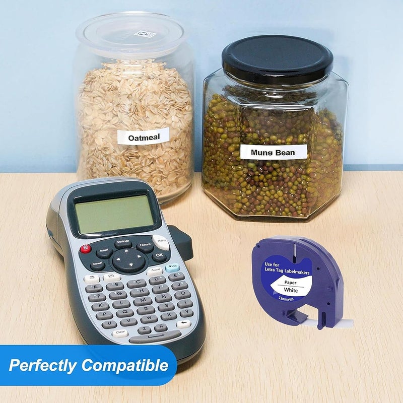متوافق مع إعادة تعبئة DYMO LetraTag ورق أبيض 91330 10697، 1/2 بوصة × 13 قدم 12 مم × 4 م شريط طابعة ملصقات أسود على أبيض لطابعة dymo Letra Tag LT-100H LT-100T Plus، عبوة من 5 - Image 2