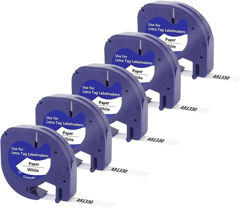 متوافق مع إعادة تعبئة DYMO LetraTag ورق أبيض 91330 10697، 1/2 بوصة × 13 قدم 12 مم × 4 م شريط طابعة ملصقات أسود على أبيض لطابعة dymo Letra Tag LT-100H LT-100T Plus، عبوة من 5 - Image 1