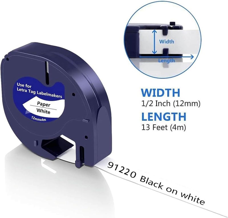 متوافق مع إعادة تعبئة DYMO LetraTag ورق أبيض 91330 10697، 1/2 بوصة × 13 قدم 12 مم × 4 م شريط طابعة ملصقات أسود على أبيض لطابعة dymo Letra Tag LT-100H LT-100T Plus، عبوة من 5 - Image 3