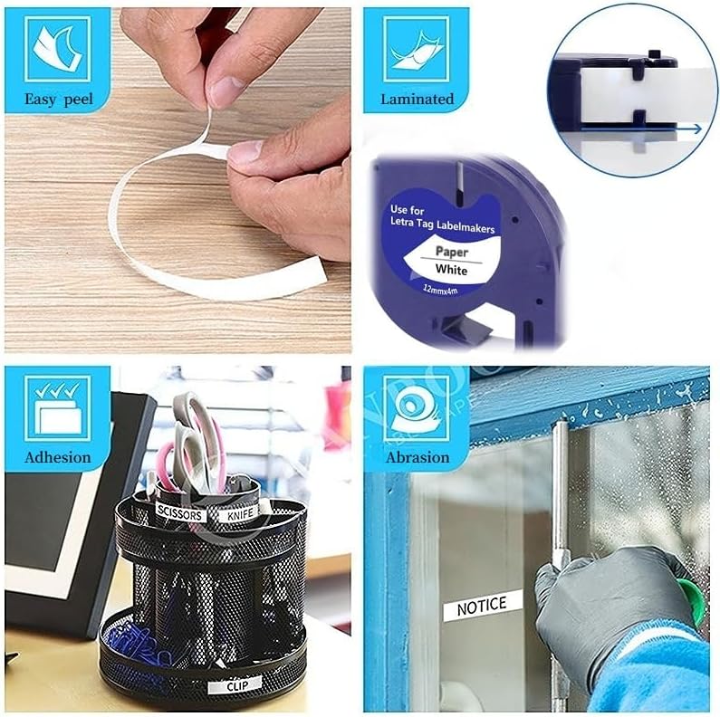 متوافق مع إعادة تعبئة DYMO LetraTag ورق أبيض 91330 10697، 1/2 بوصة × 13 قدم 12 مم × 4 م شريط طابعة ملصقات أسود على أبيض لطابعة dymo Letra Tag LT-100H LT-100T Plus، عبوة من 5 - Image 4