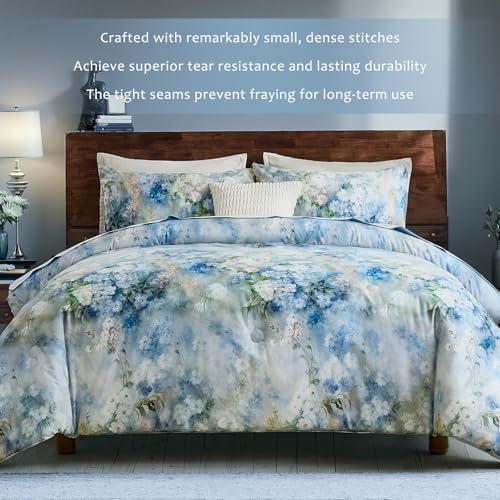 Bedorm Floral King Comforter Set 100% Cotton Bedding Set 3 Pcs Blue and White Flower Botanical Comforter Monet Style Bedroom Decor Vintage Country Bedding Comforter - Image 3