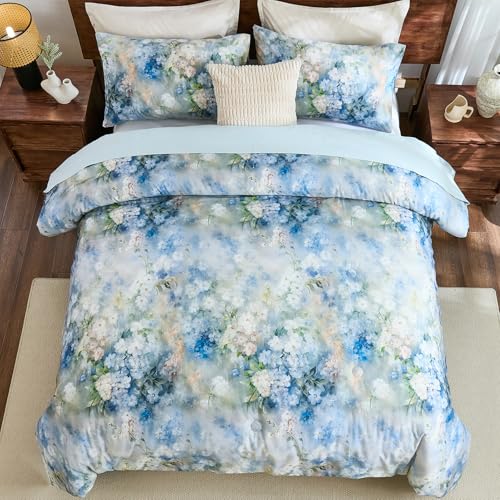 Bedorm Floral King Comforter Set 100% Cotton Bedding Set 3 Pcs Blue and White Flower Botanical Comforter Monet Style Bedroom Decor Vintage Country Bedding Comforter - Image 5