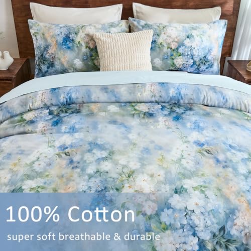 Bedorm Floral King Comforter Set 100% Cotton Bedding Set 3 Pcs Blue and White Flower Botanical Comforter Monet Style Bedroom Decor Vintage Country Bedding Comforter - Image 4