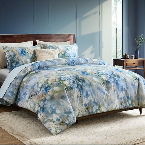 Bedorm Floral King Comforter Set 100% Cotton Bedding Set 3 Pcs Blue and White Flower Botanical Comforter Monet Style Bedroom Decor Vintage Country Bedding Comforter - Image 2