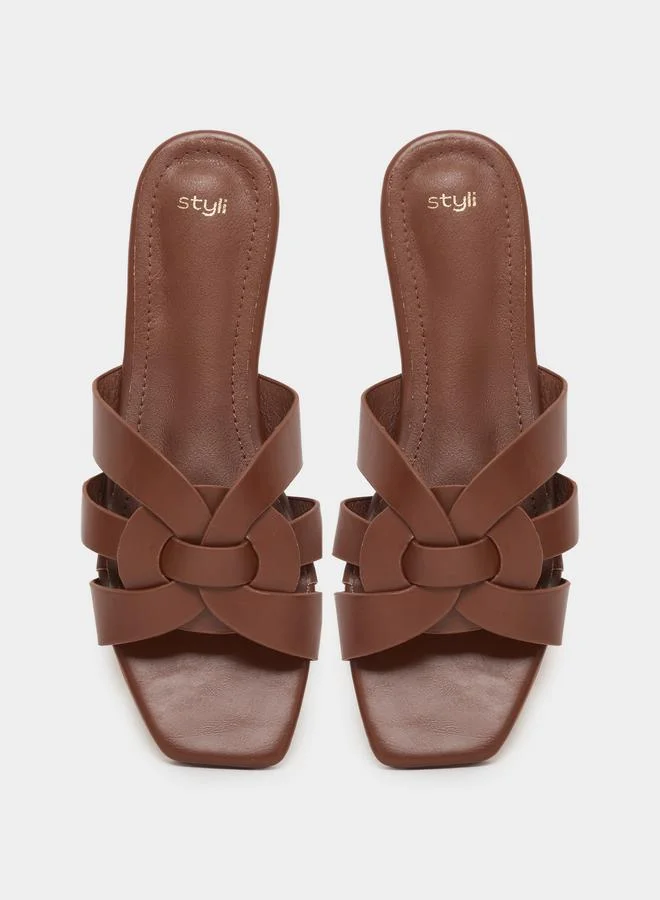 Styli  Brown Woven Strappy Flat Sandals for Women | Best Price UAE