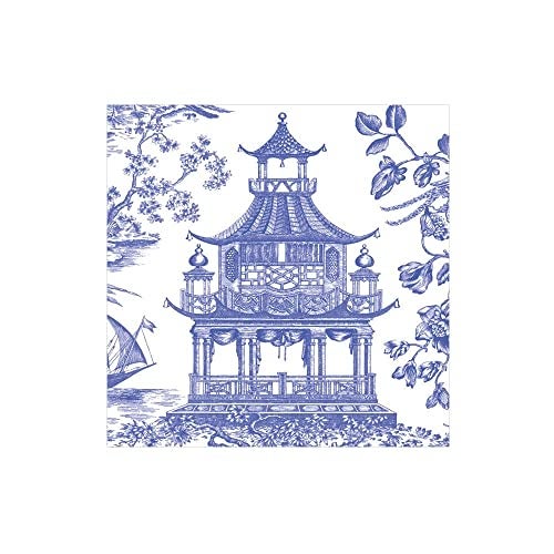 Caspari Chinoiserie Toile Pagoda Paper Cocktail Napkins in Blue - 20 Per Box - Image 4