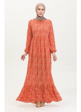 Sefa Merve Patterned Viscose Dress 81865-02 Orange  - Image 1