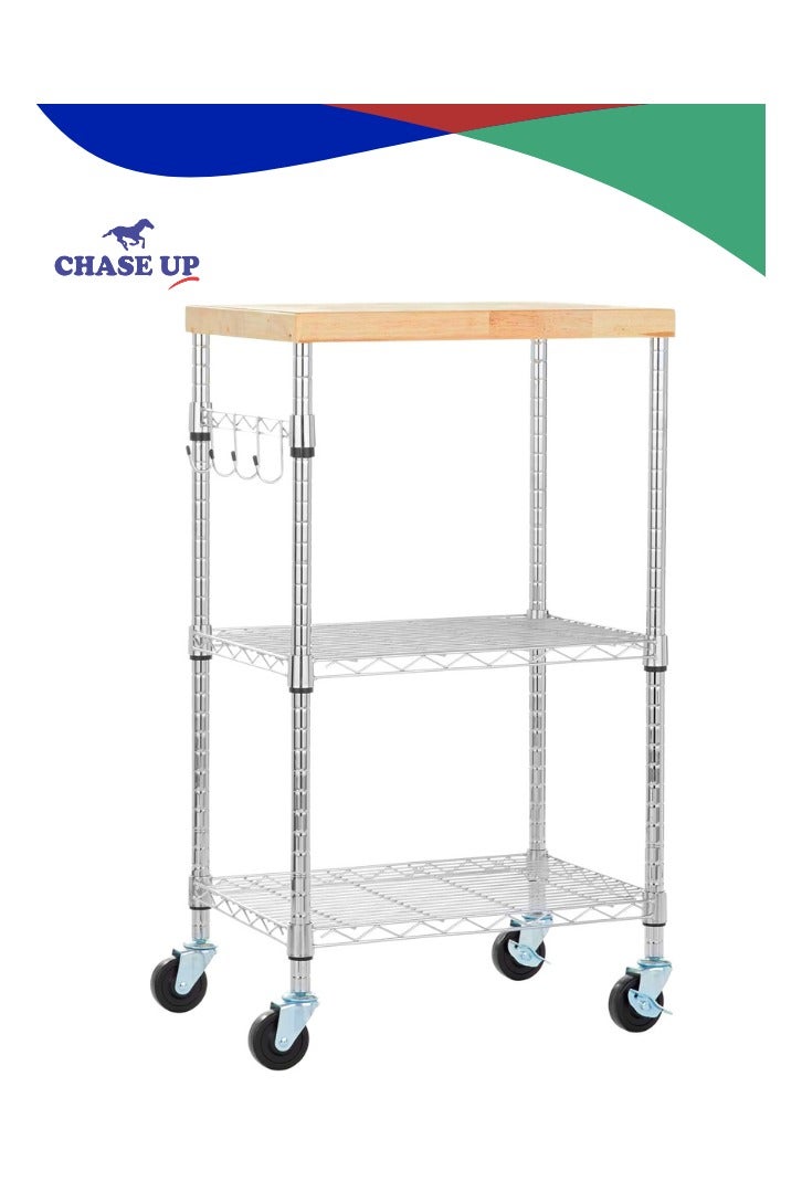 Chase Up Kitchen Storage Microwave Rack Cart on Caster Wheels with Adjustable Shelves, 79.3 kilograms Capacity, 38.1 x 53.3 x 93.2 cm, Wood/Chrome - Image 1