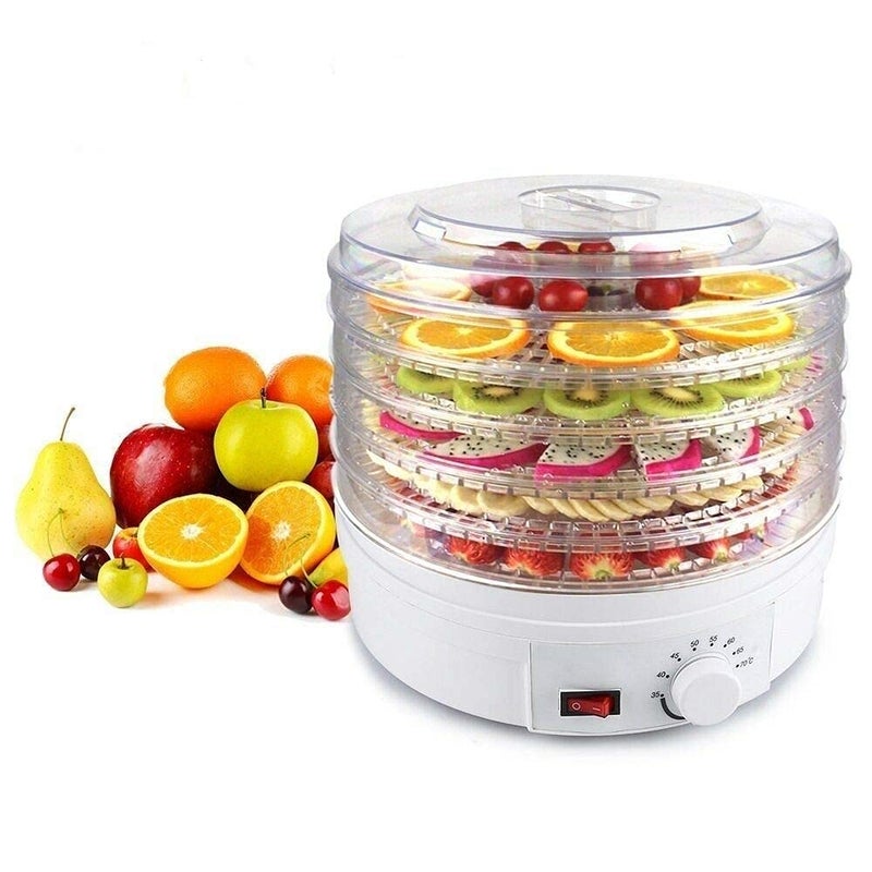 KanakMall 2021 New Imported Plastic Electric Transparent 5 Tier Countertop Dry Food SaverDehydratorPreserver Jerky Maker Machine with Adjustable Temperature Control White Very Large Diameter - Image 1