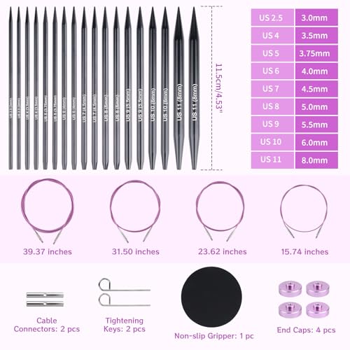 Coopay Interchangeable Knitting Needles 9 Pairs Knitting Needle Set 38mm with 4 Cables 406080100cm Aluminum Cable Needles for Hats Socks Scarves Gloves Sweaters Portable Carry Bag - Image 3