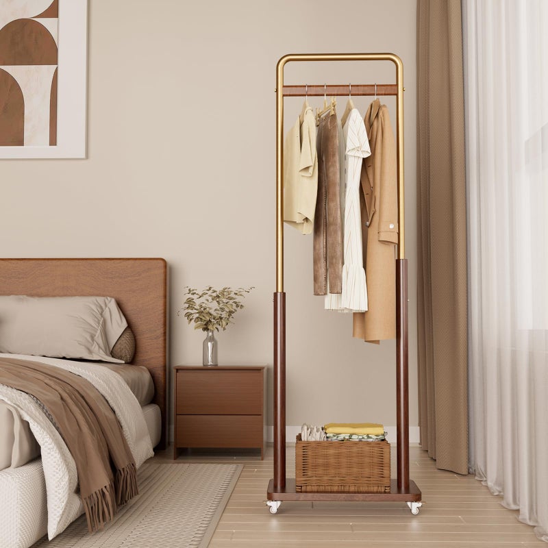 Taitiy Clothes Rack Solid Wood Coat Rack, Metal and Solid Wood Combination Clothing Rack with Wheels for Entryway, Bedroom, Living Room, Coat Racks Freestanding for Hanging Clothes Garment Scarf - Image 3