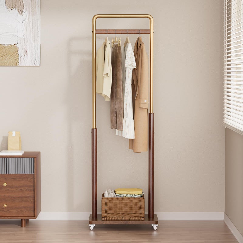Taitiy Clothes Rack Solid Wood Coat Rack, Metal and Solid Wood Combination Clothing Rack with Wheels for Entryway, Bedroom, Living Room, Coat Racks Freestanding for Hanging Clothes Garment Scarf - Image 1