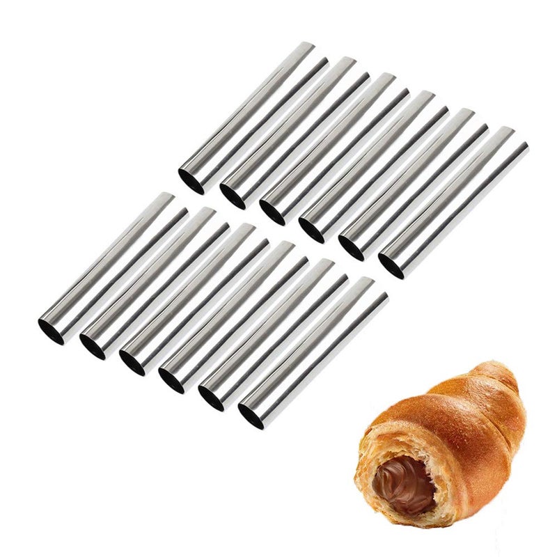 VolksRose Screw Croissant Molds VolksRose 12 PCS Nonstick Stainless Steel Waffle Cone Roll Pastry Cream Horn Forms Pancake Making Tool Cannoli Tubes DIY Spiral Cake for Traditional Dessert Bread Baking5 INCH