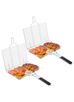 Grill Basket for Outdoor, 2 Pcs BBQ Grill Basket Fish Grilling Basket, with Handle Stainless Steel Portable Grill Rack, Dishwasher Safe, for Vegetables Shrimp Steak Cooking, for Variety of Grills
