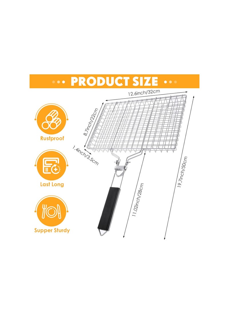 SYOSI - Grill Basket for Outdoor, 2 Pcs BBQ Grill Basket Fish Grilling Basket, with Handle Stainless Steel Portable Grill Rack, Dishwasher Safe, for Vegetables Shrimp Steak Cooking, for Variety of Grills - Image 1