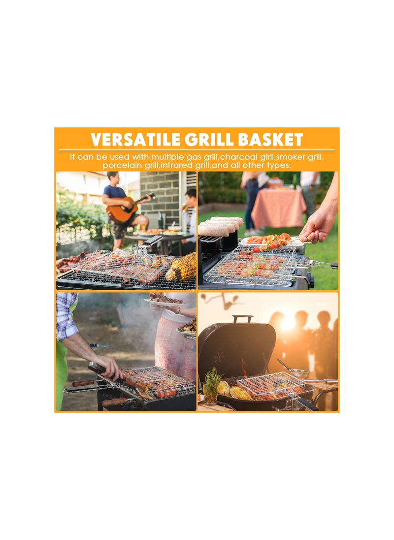 SYOSI - Grill Basket for Outdoor, 2 Pcs BBQ Grill Basket Fish Grilling Basket, with Handle Stainless Steel Portable Grill Rack, Dishwasher Safe, for Vegetables Shrimp Steak Cooking, for Variety of Grills - Image 1