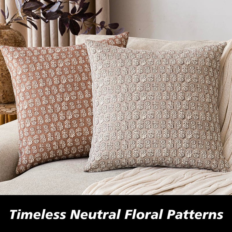 Foindtower Set of 2 Decorative Vintage Floral Print Throw Pillow Covers Neutral Farmhouse Cushion Covers Boho Home Decor for Sofa Couch Chair Bedroom Living Room,24Ã—24 Inch,Light Orange Brown - Image 4