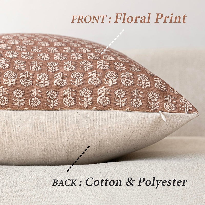 Foindtower Set of 2 Decorative Vintage Floral Print Throw Pillow Covers Neutral Farmhouse Cushion Covers Boho Home Decor for Sofa Couch Chair Bedroom Living Room,24Ã—24 Inch,Light Orange Brown - Image 2