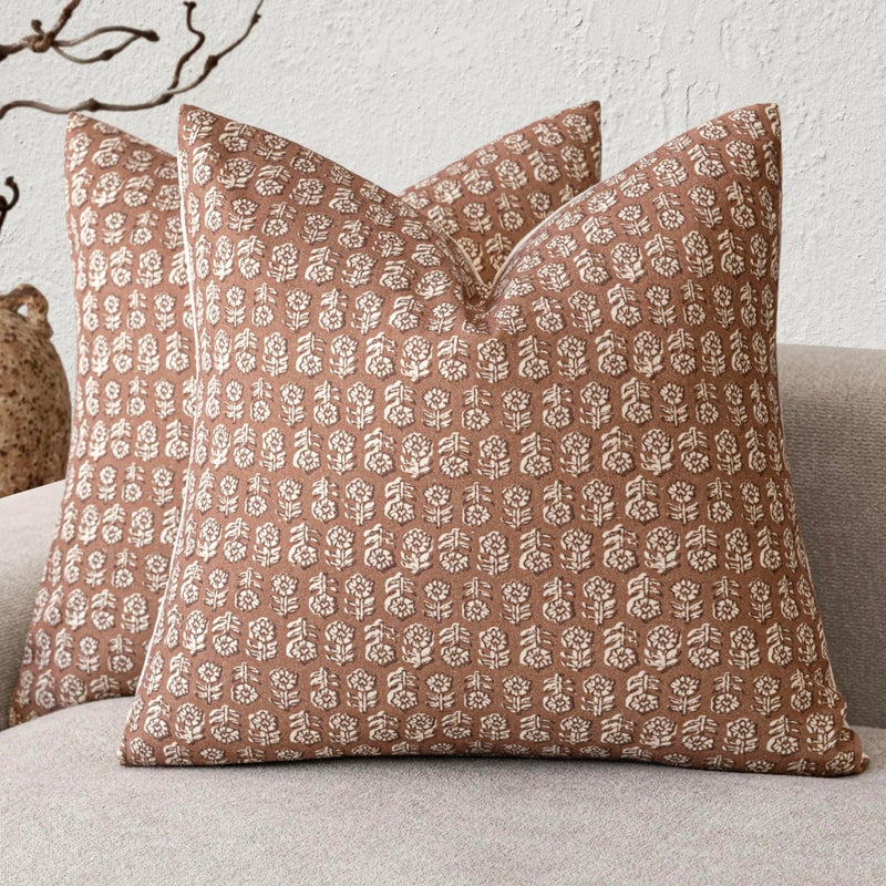 Foindtower Set of 2 Decorative Vintage Floral Print Throw Pillow Covers Neutral Farmhouse Cushion Covers Boho Home Decor for Sofa Couch Chair Bedroom Living Room,24Ã—24 Inch,Light Orange Brown - Image 1