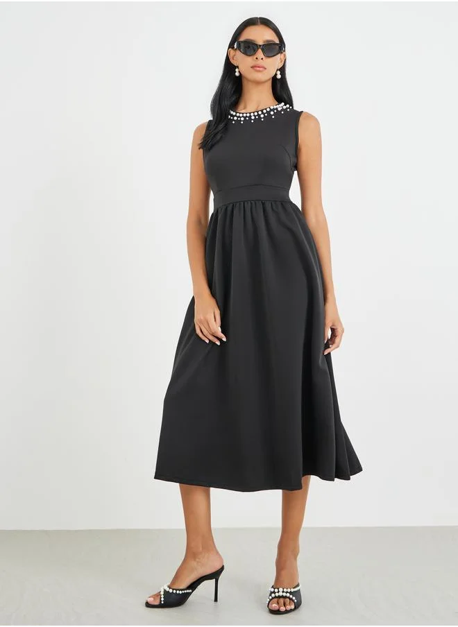 تايك تو Take Two Embellished Round Neck Sleeveless Midi Dress