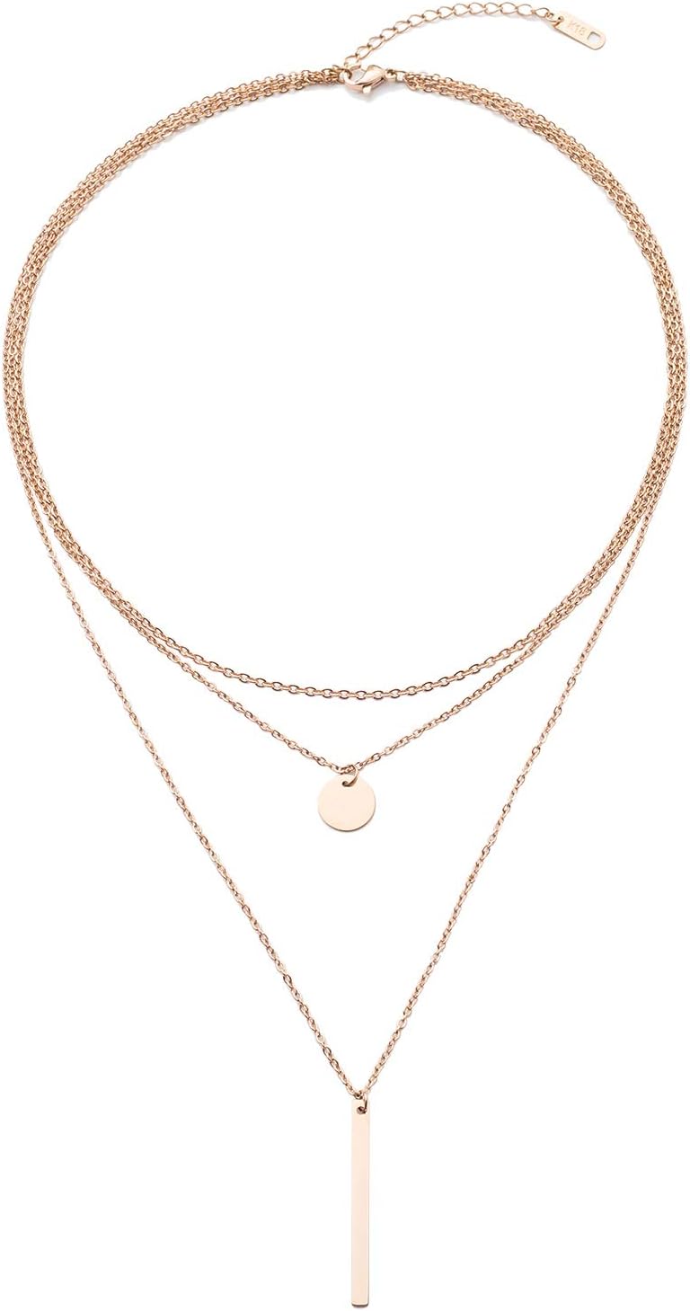 LETTARIUS Disc Bar Pendant Layering Necklace Stainless Steel Layered Chain Choker - Image 1