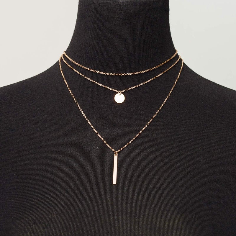 LETTARIUS Disc Bar Pendant Layering Necklace Stainless Steel Layered Chain Choker - Image 2