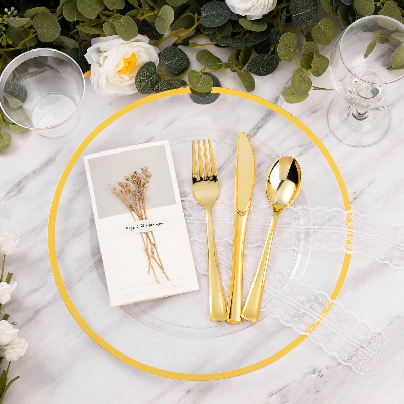 Goodluck 12 Inch Charger Plates, 50 Pack Clear Charger Plates with Gold Trim, Plastic Charger Plate Bulk for Dinner, Wedding, Party, Event Decoration, Clear&Gold - Image 2