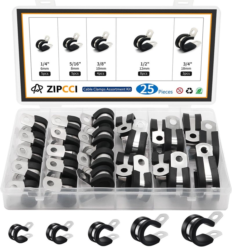 ZIPCCI Cable Clamps Assortment Kit, 25 Pack Stainless Steel Rubber Cushion Pipe Clips (1/4'' to 3/4'') - Image 1