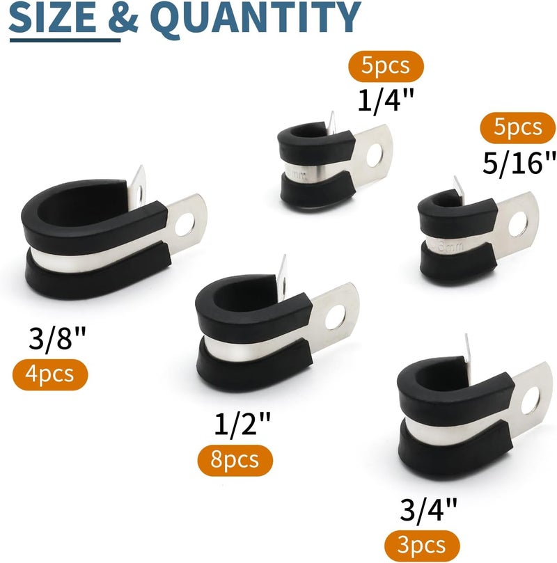 ZIPCCI Cable Clamps Assortment Kit, 25 Pack Stainless Steel Rubber Cushion Pipe Clips (1/4'' to 3/4'') - Image 2