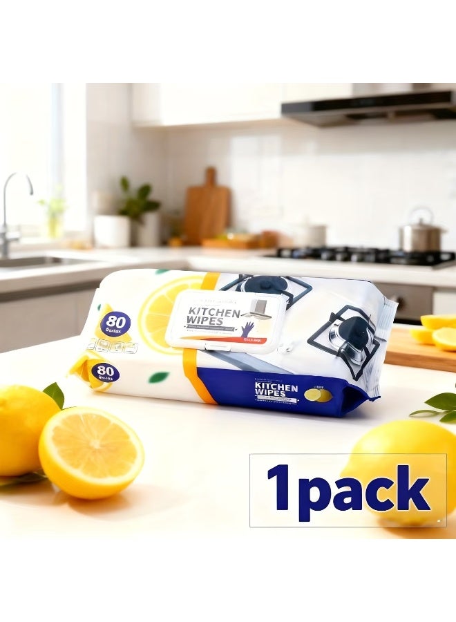 مناديل مبللة لتنظيف المطبخ [عبوة واحدة - 80 منديل] برائحة الليمون، مناديل مبللة قوية للتنظيف وإزالة الشحوم والزيوت، مناسبة للمطبخ والمطاعم، وآمنة على البشرة. - Image 1