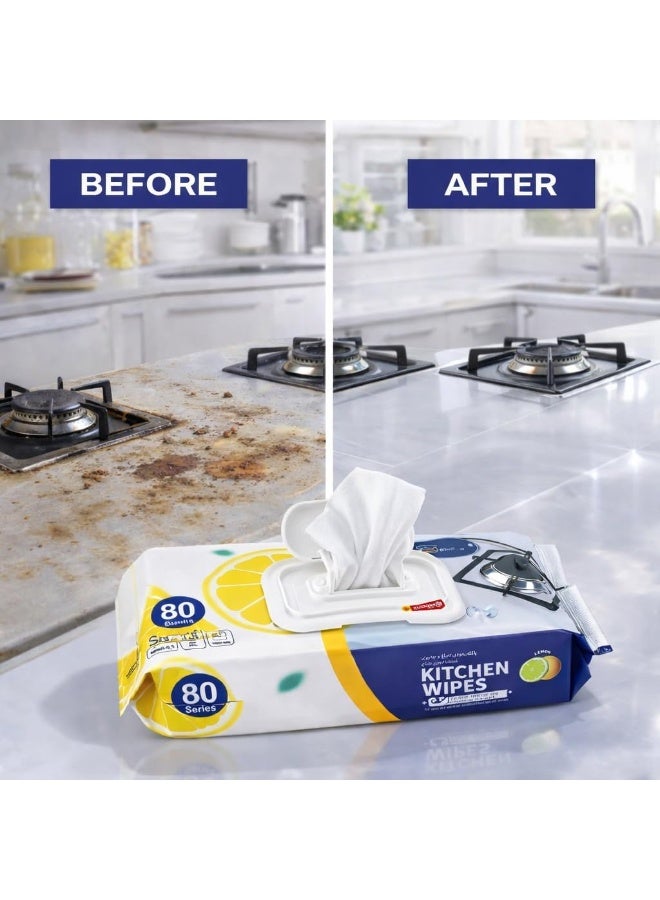 مناديل مبللة لتنظيف المطبخ [عبوة واحدة - 80 منديل] برائحة الليمون، مناديل مبللة قوية للتنظيف وإزالة الشحوم والزيوت، مناسبة للمطبخ والمطاعم، وآمنة على البشرة. - Image 5